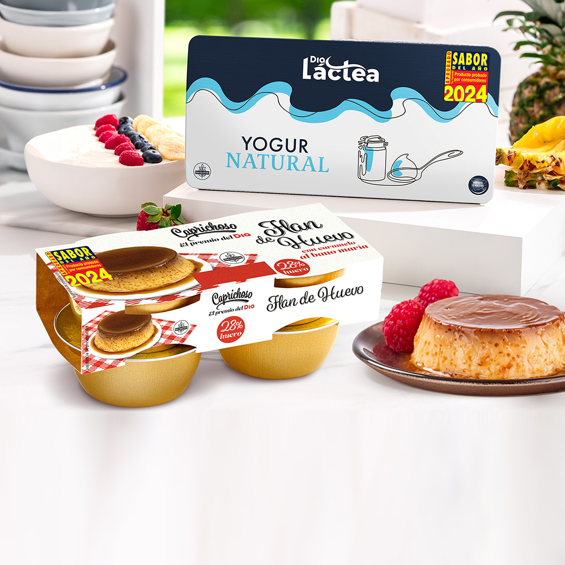 El “Flan de Huevo Caprichoso, el premio del día” y el “Yogur Natural Dia Láctea”, premiados con el sello Sabor del Año 2024 por los consumidores